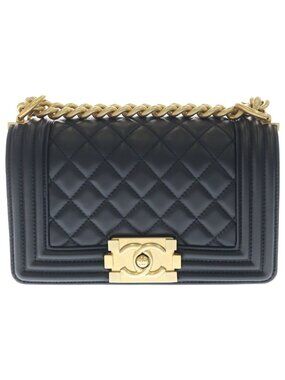 Chanel Boy Quilted CC Logo Small Gold Lambskin Black Shoulder Bag